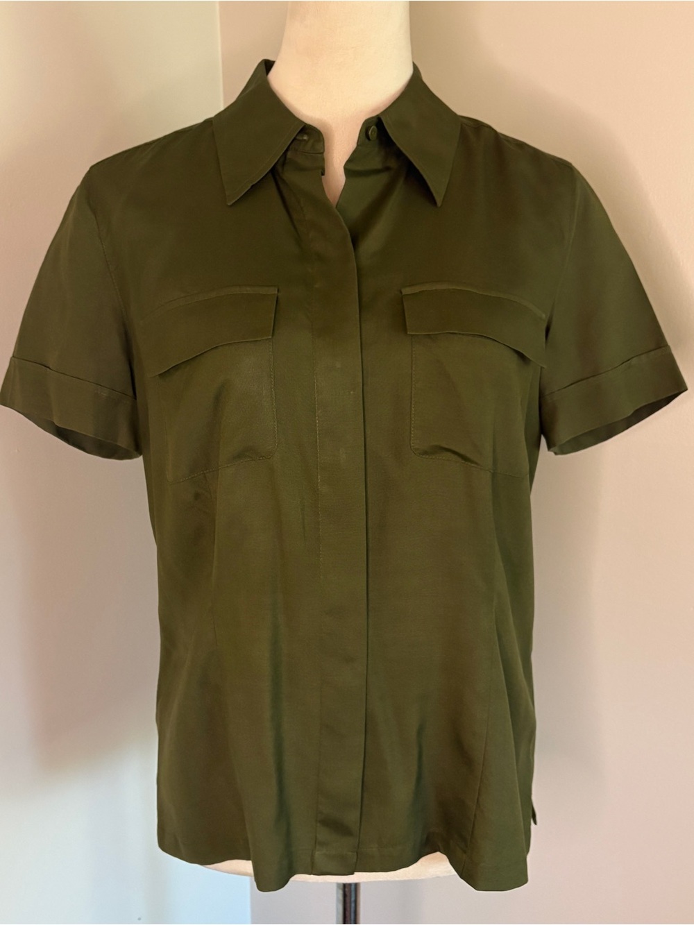 Kate Hill Vintage Y2K Green 100% Silk Short Sleeve Utility Button-Front Blouse 6